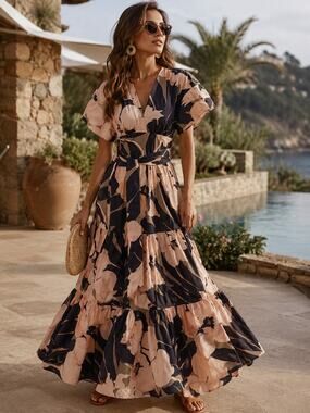 Paule Ka Paris Tropical Botanical Maxi Dress Puff Sleeve Tie Waist Luxury Cotton